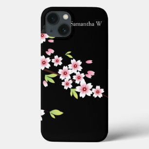 Funda Para iPhone 13 Negro con Sakura en flor de cerezo rosa y verde