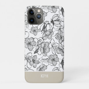 Funda Para iPhone 11 Pro Negro floral, blanco y blanco con monograma