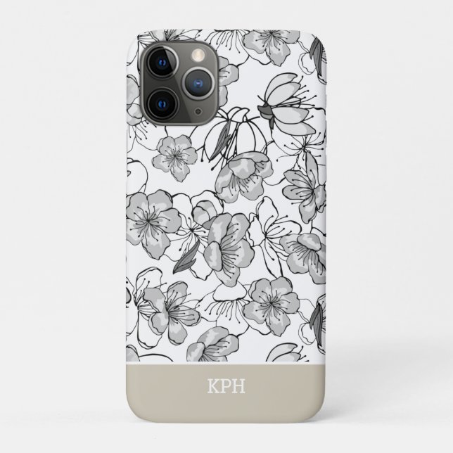Funda De Case-Mate Para iPhone Negro floral, blanco y blanco con monograma (Reverso)