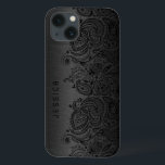 Funda Para iPhone 13 Negro metálico con encaje paisleño negro<br><div class="desc">Diseño metálico negro de color gris oscuro con revestimiento de aluminio cepillado con encaje negro floral de paisley. Personalizable y monograma opcional</div>