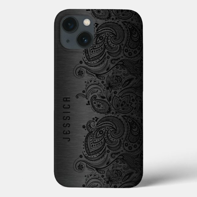 Funda De Case-Mate Para iPhone Negro metálico con encaje paisleño negro (Reverso)