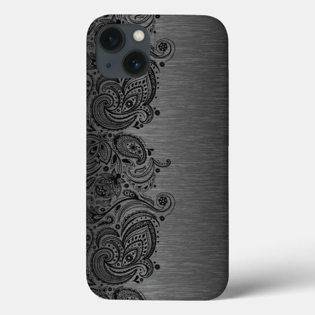 Funda De Case-Mate Para iPhone Negro metálico con encaje paisleño negro (Reverso)