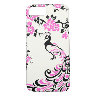 Funda Para iPhone 8/7 Negro, pavo real caliente y flores de cerezo