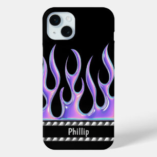Funda Para iPhone 15 Mini Negro personalizado con llamas púrpura 3D y cromo