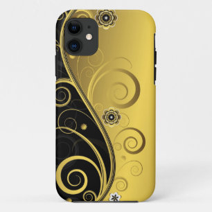 Funda Para iPhone 11 Negro retro elegante y remolino floral del oro