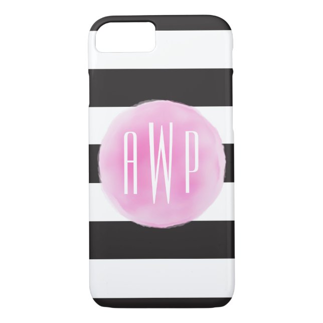Funda De Case-Mate Para iPhone Negro rosado con monograma de la acuarela + Rayas (Reverso)