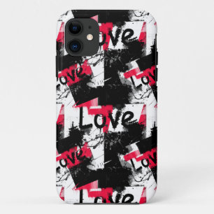 Funda Para iPhone 11 Negro y blanco con manchas rojas patrón de amor