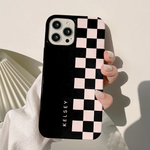 Funda Para iPhone 15 Negro y crema a cuadros personalizado moderno