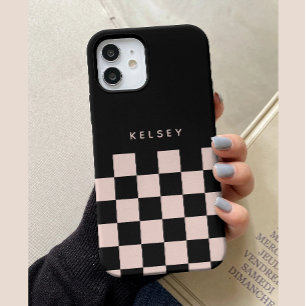 Funda Para iPhone 15 Negro y Crema Cuadriculado Personalizado Moderno