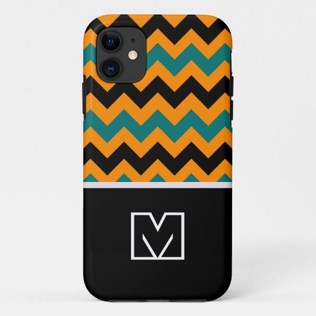 Funda De Case-Mate Para iPhone Negro y Naranja Chevron Zigzag. Monograma personal (Reverso)