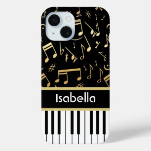 Funda Para iPhone 15 Negro y oro de las notas musicales y de las llaves