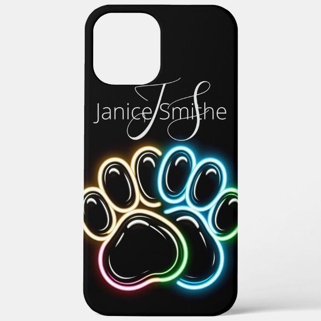 Funda De Case-Mate Para iPhone Neon Dog Paws Monograma (Reverso )