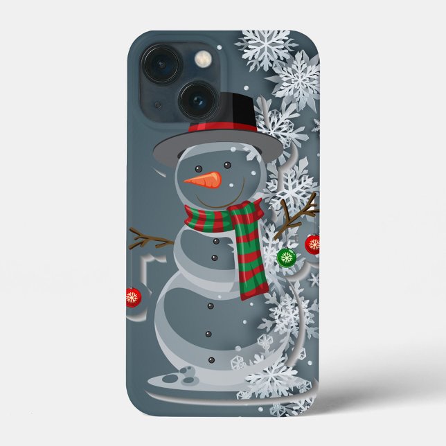 Funda De Case-Mate Para iPhone Nieve de invierno (A cheerful snowman with a black hat and a red and green scarf stands against a snowy backdrop.  )