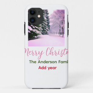 Funda Para iPhone 11 Nieve rosa blanca alegre Navidad agregar nombre de