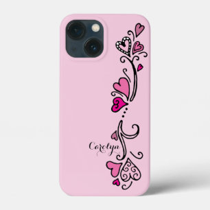 Funda Para iPhone 13 Mini Niña Girly Corazones rosadas calientes con nombre