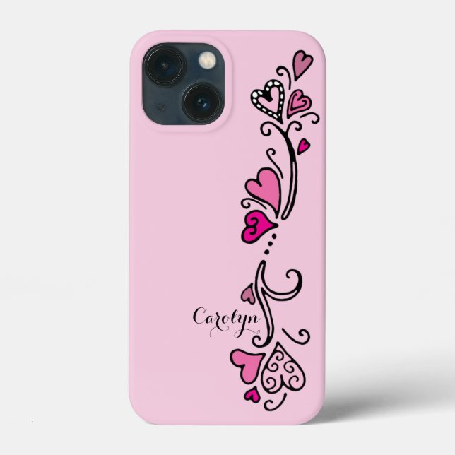 Funda De Case-Mate Para iPhone Niña Girly Corazones rosadas calientes con nombre (Reverso )