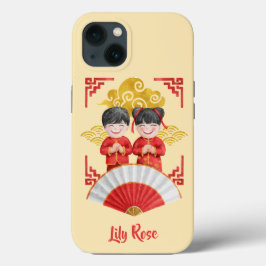 Funda Para iPhone 13 Niño asiático y Ilustracion Chica - Oro blanco roj