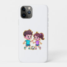 Niño y niña de dibujos animados lindos jugando fút