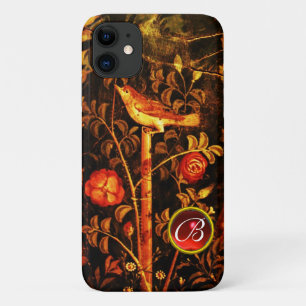 Funda Para iPhone 11 NOCHE CON ROSAS MONOGRAMA, amarillo negro rojo