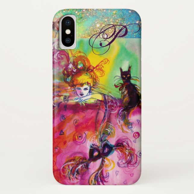FUNDA DE Case-Mate PARA iPhone NOCHE MASQUERADE / DAMA CON MONOGRAMA CAT NEGRO (Reverso)