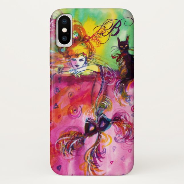 FUNDA DE Case-Mate PARA iPhone NOCHE MASQUERADE / DAMA CON MONOGRAMA CAT NEGRO (Reverso)