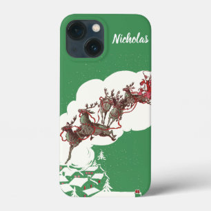 Funda Para iPhone 13 Mini Nochebuena vintage, Santa Claus retro en trineo