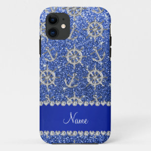 Funda Para iPhone 11 Nombrar el purpurina azul de los anclajes de plata