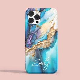 Funda Para iPhone 15 Pro Max Nombre con letra de mármol azul dorado personaliza