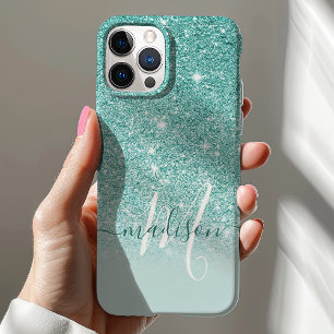 Funda Para iPhone 12 Nombre con Monograma y Brillo Azul Turquesa Femeni