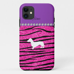 Funda Para iPhone 11 Nombre dachshund neón rayas de cebra purpurina ros