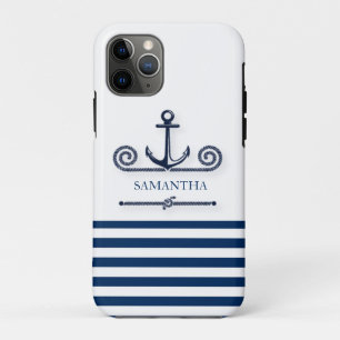Funda Para iPhone 11 Pro Nombre de Barco Náutico, Ancla, Cuerda, Rayas Azul