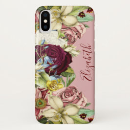 Funda Para iPhone X Nombre de Borgoña Rosa Floral Vintage