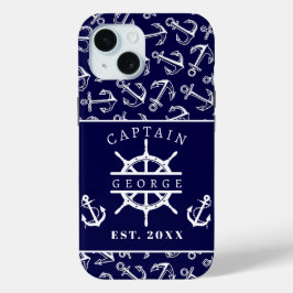 Funda Para iPhone 15 Nombre de Capitán Náutico Ancla de Barco Azul Mari