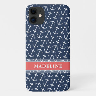 Funda Para iPhone 11 Nombre de cordón del patrón de ancla azul blanco