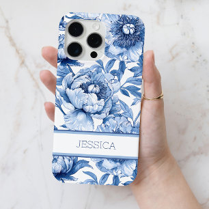 Funda Para iPhone 15 Pro Max Nombre de Flores Chinoiserie floral azul personali