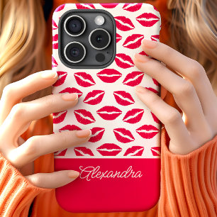 Funda Para iPhone 15 Nombre de guión Besos de Lápiz Labial Rosa Calient