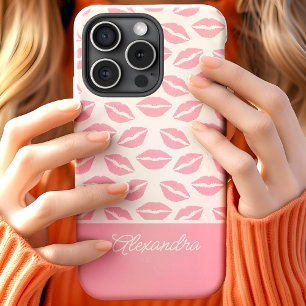 Funda Para iPhone 15 Nombre de guión de besos de labios rosados lindos