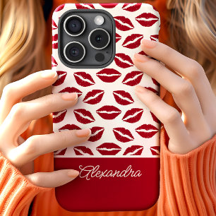Funda Para iPhone 15 Nombre de guión de besos de lápiz labial rojo lind