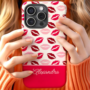 Funda Para iPhone 15 Nombre de guión de besos de lápiz labial rosa y ro