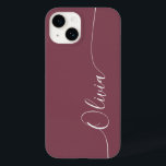 Funda Para iPhone 14 De Case-Mate Nombre de guión de caligrafía elegante de color bl<br><div class="desc">Maroon Elegant White Caligraphy Script Personalizado Nombre personalizado iPhone 14 Smart Phone Cases presenta un diseño moderno y moderno,  sencillo y elegante con su nombre personalizado en una tipografía de caligrafía escrita a mano y elegante sobre un fondo marrón. Diseñado por ©Evco Studio www.zazzle.com/store/evcostudio</div>