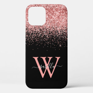 Funda Para iPhone 12 Nombre de guión de Purpurina negro rosa