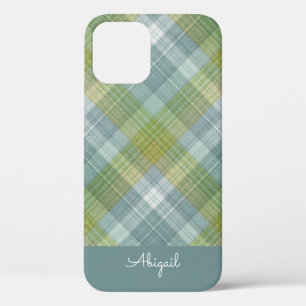 Funda Para iPhone 12 Nombre de guión elegante a cuadros azul verdoso