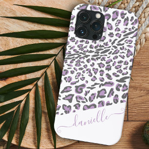 Funda Para iPhone 13 Pro Max Nombre de guión elegante gris lila estampado leopa