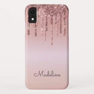 Funda Para iPhone XR Nombre de guión negro rosado Rosa de purpurinas