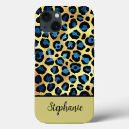Funda Para iPhone 13 Nombre de impresión de leopardo azul Purpurina dor