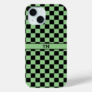 Funda Para iPhone 15 Nombre de inicio negro y verde (a cuadros)