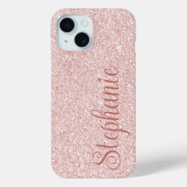 Funda Para iPhone 15 Nombre de letra cursiva con brillo de oro rosa