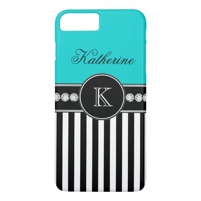 Funda De Case-Mate Para iPhone Nombre de monograma Aqua Patrón rayado negro (Reverso)