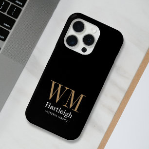Funda Para iPhone 15 Pro Nombre de Monograma Blanco Oro Negro Moderno