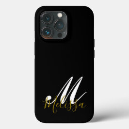 Funda Para iPhone 13 Pro Nombre de Monograma Blanco y Oro Negro